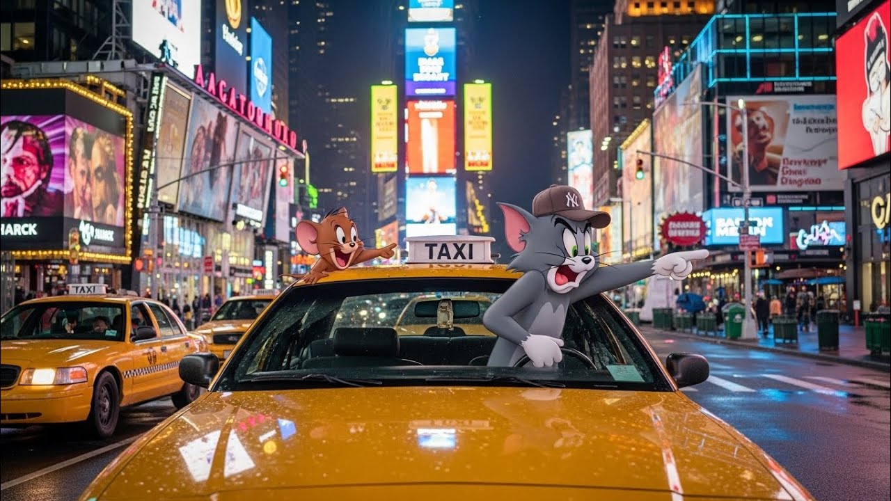Tom and Jerry riding a yellow taxi 🚕🚖 in New York City 🏙️🌆