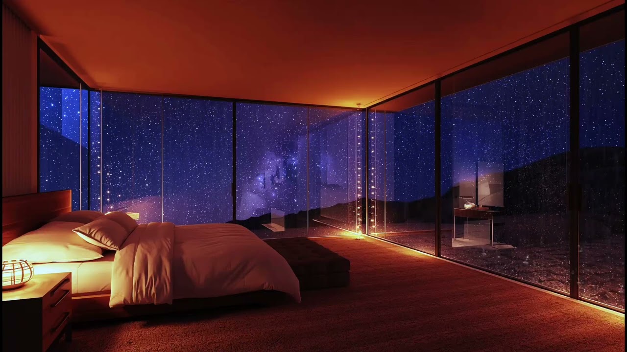 Cozy Night Bedroom with Open Sky Glass Wall Make Your Sleep Better