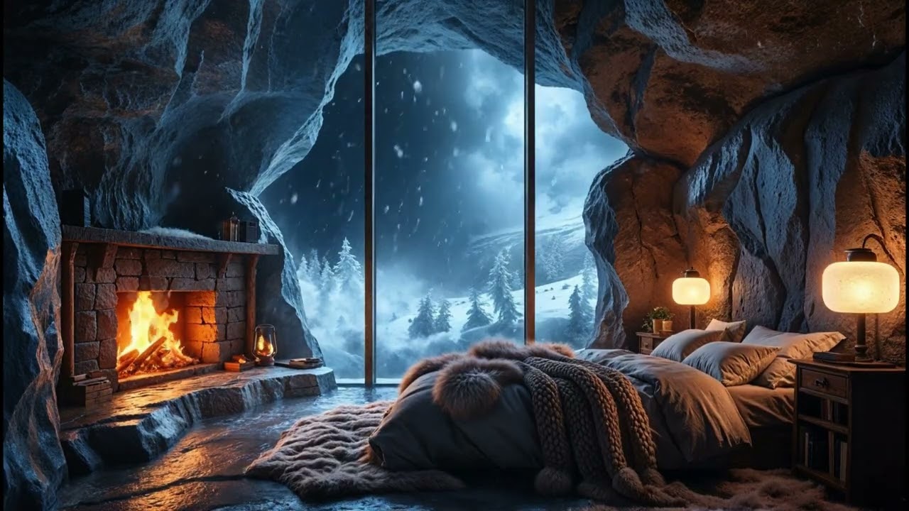 Cozy Cave Cabin Blizzard - Heavy Snow & Fireplace Sounds for Deep Sleep (4K)