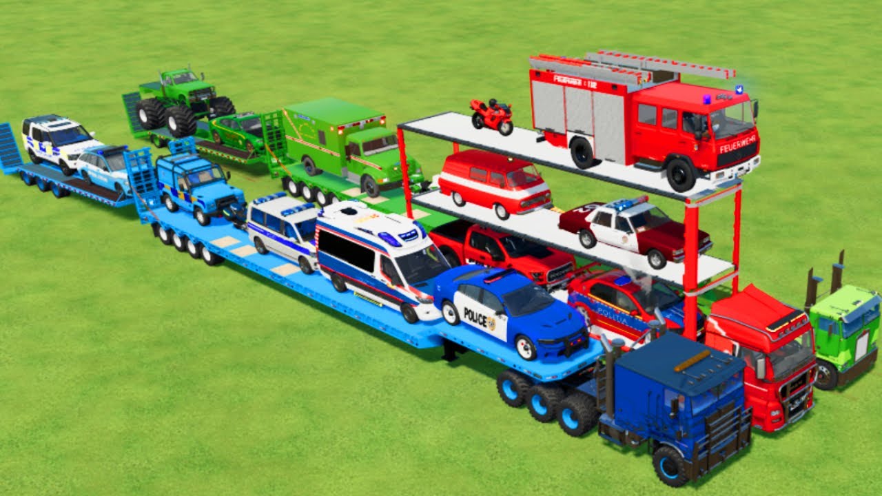 TRANSPORTING CARS, AMBULANCE, POLICE CARS, FIRE TRUCK, MONSTER TRUCK OF COLORS! WITH TRUCKS! - FS 22