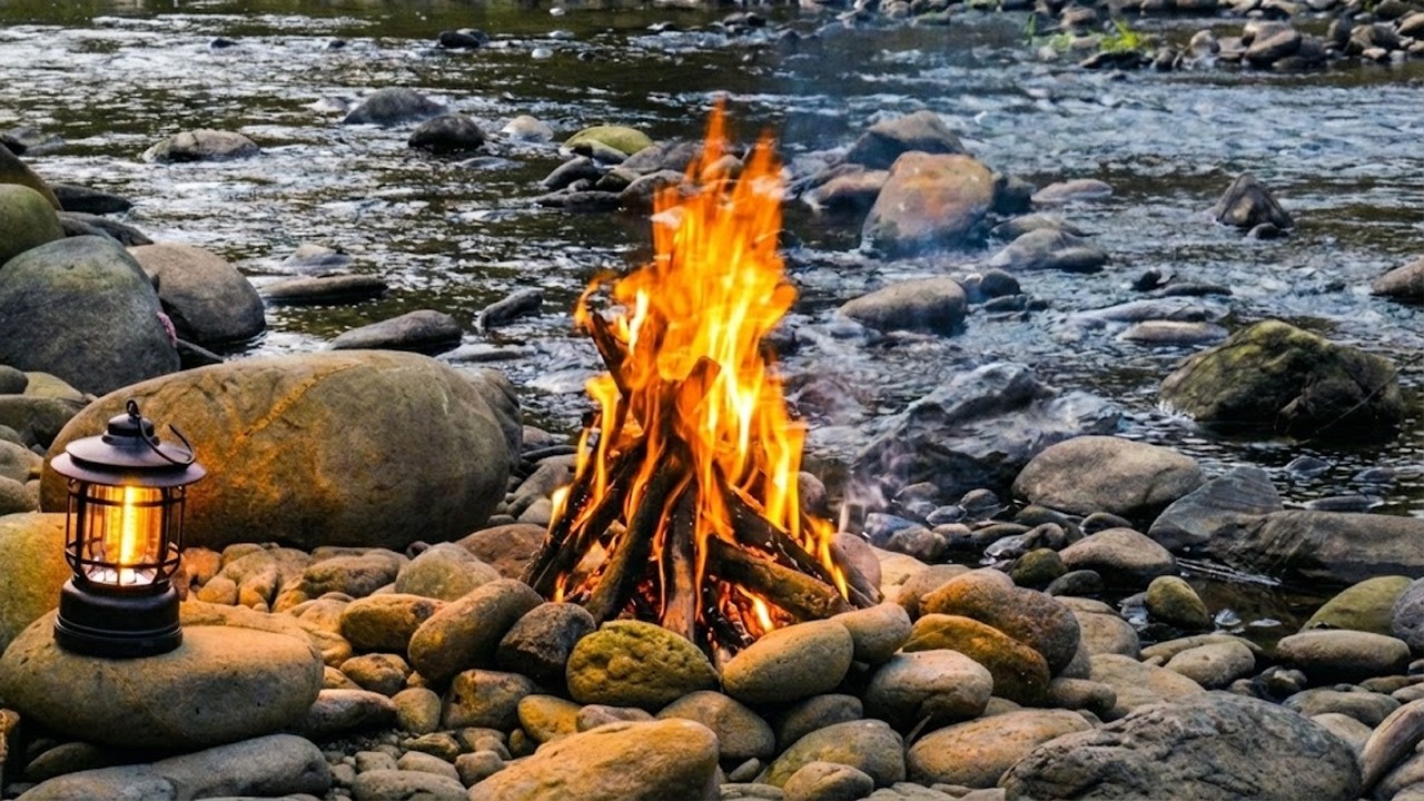 Real Campfire by the River 🔥🌊 Crackling Fire & Flowing Water Sounds for Relaxation