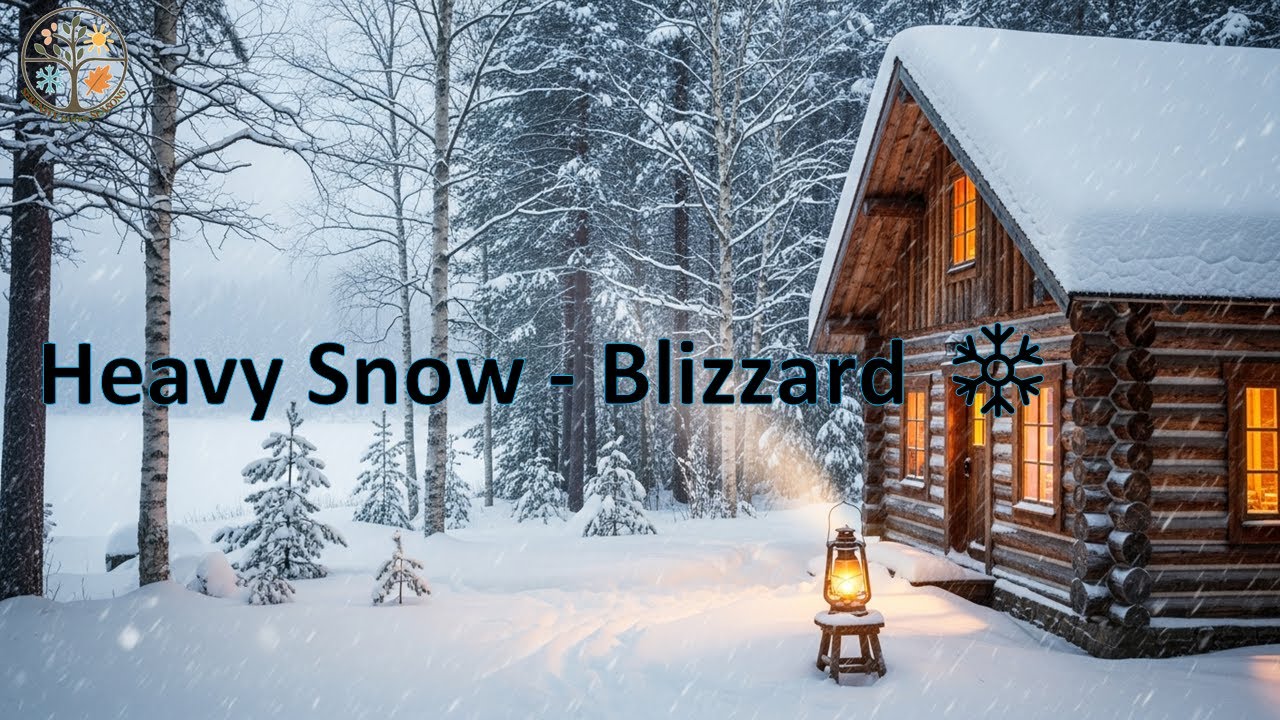 Winter Blizzard ❄️ Cozy Cabin Lights in Heavy Snowstorm, no music, Serenity in four Seasons