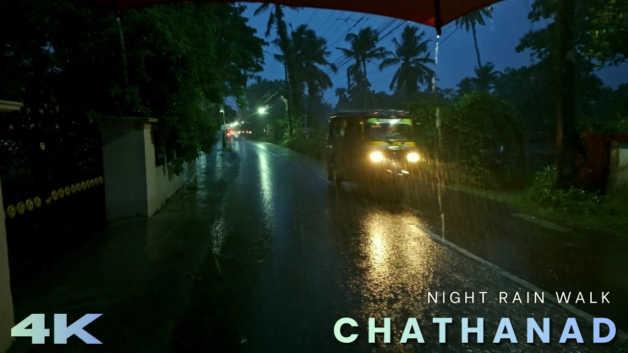 Rain Blurred Headlights: Immersive Night Rain Walk on a Busy Road in Kerala - 4K ASMR