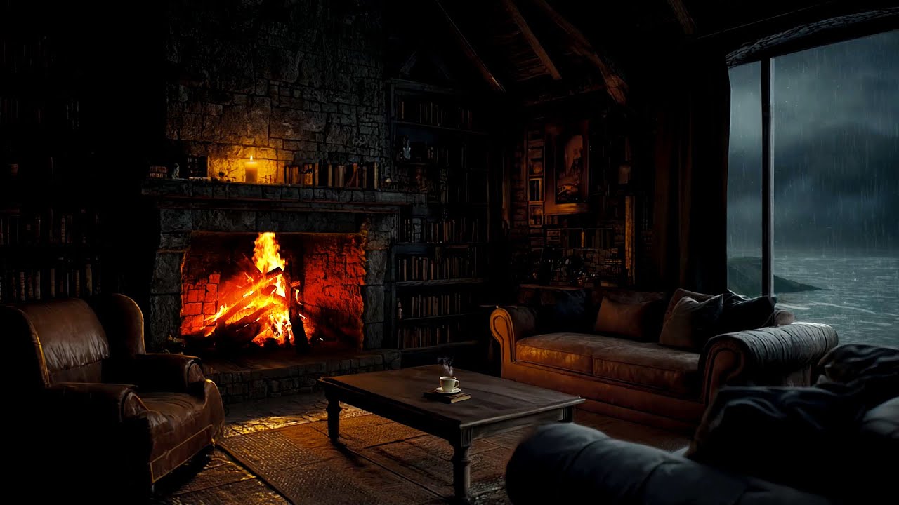 Stormy Night by Fireplace | Whispering Rain & Crackling Fire for Racing Thoughts – Calm & Deep Sleep