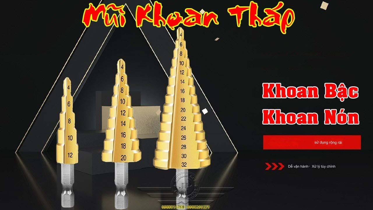 Mũi Khoan Tháp Đa Tầng, Mũi Khoan Inox Hình Nón Bậc Thang HSS, Bộ Mũi Khoan Tháp Khoét Sắt Đa Năng