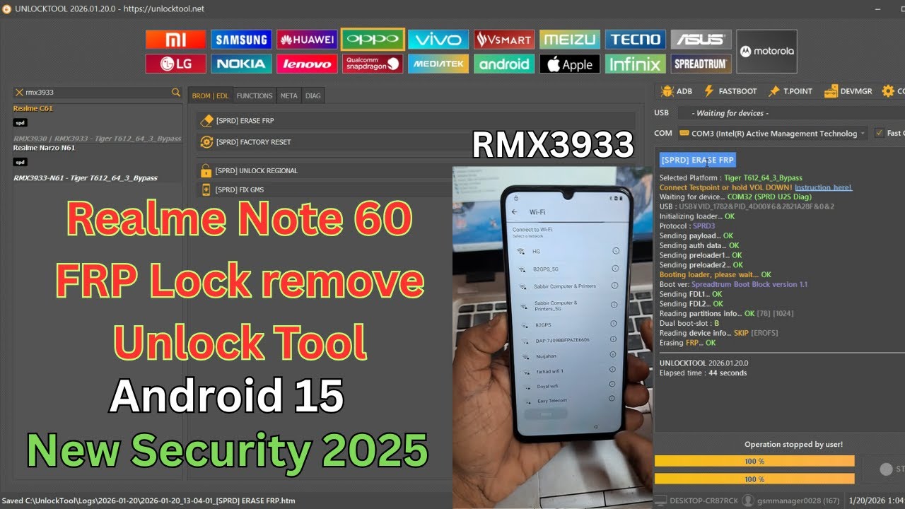Realme Note 60 RMX3933 Frp bypass with UnlockTool Android 15 New Security 2025