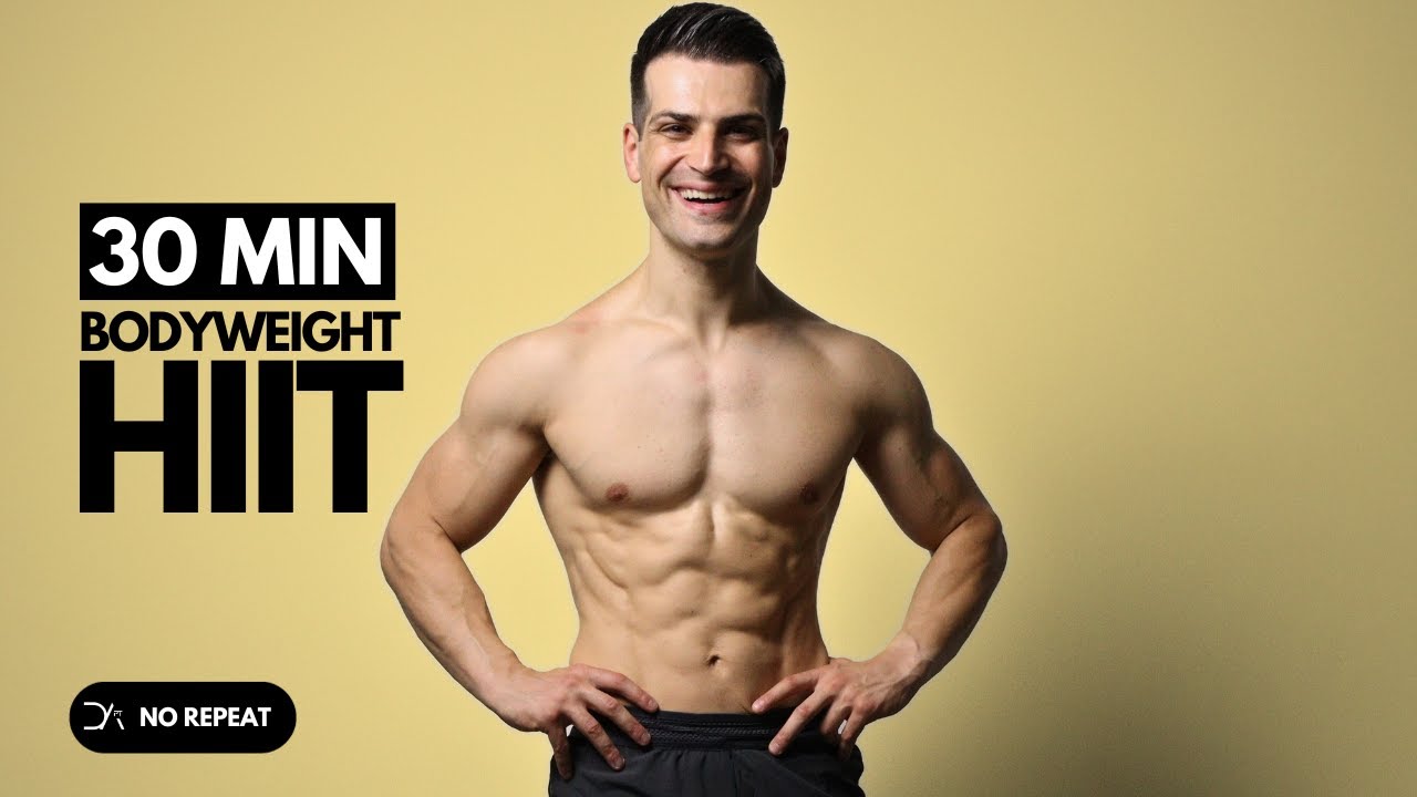 30 Min No Equipment Bodyweight HIIT Workout | No Repeat | Sweaty