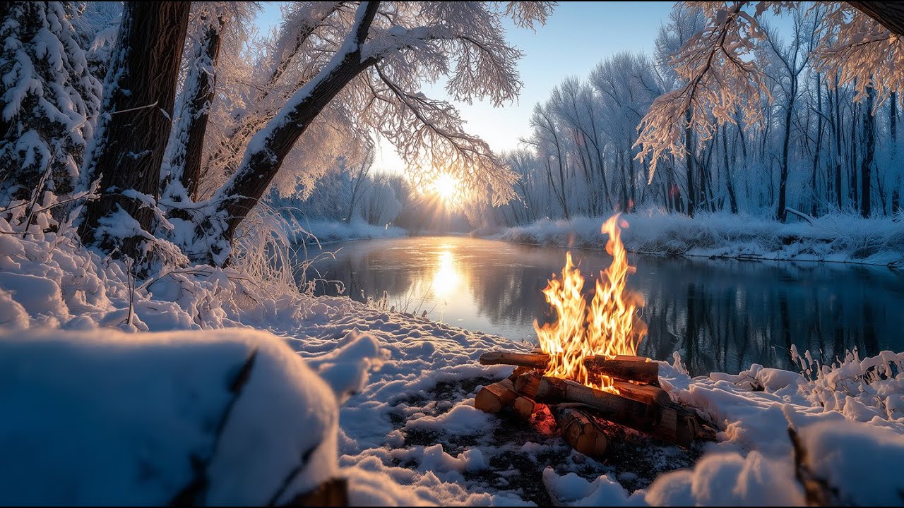 Winter Morning Campfire by the River 🔥 Fire Crackling, Cold Water & Quiet Forest Ambience