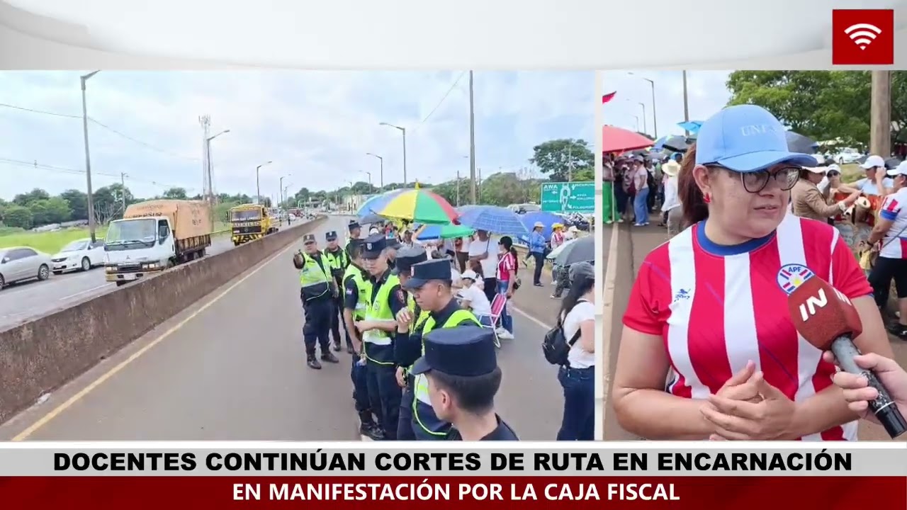DOCENTES CONTINÚAN CORTES DE RUTA EN ENCARNACIÓN EN MANIFESTACIÓN POR LA CAJA FISCAL