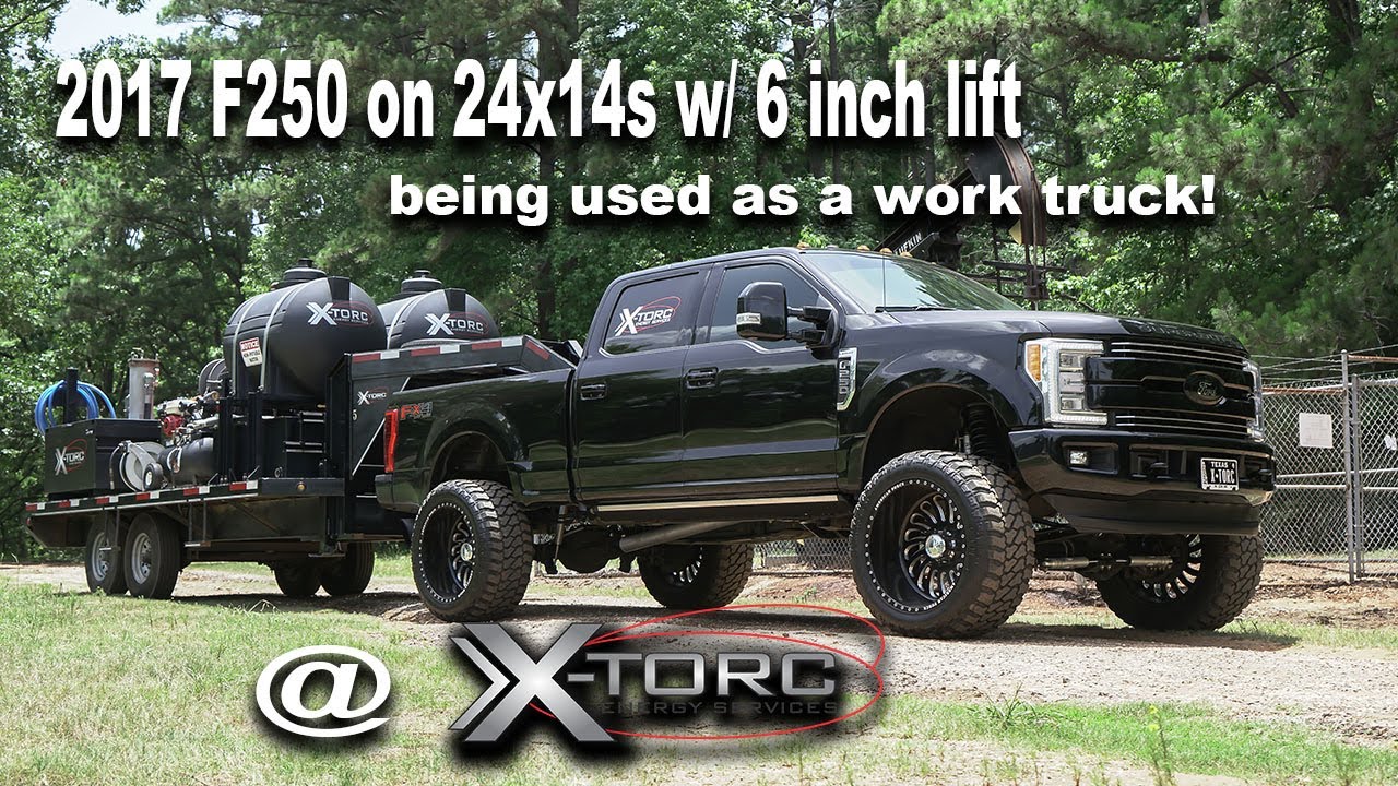 2017 F250 Lifted on 24x14 American Force wheels being used as a everyday Oil field work truck!