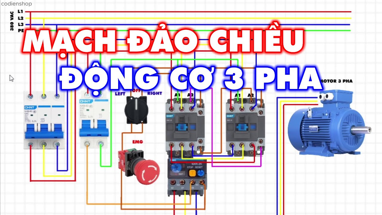 Sơ đồ mạch đảo chiều động cơ 3 pha bằng công tắc 3 trạng thái - Cơ Điện Shop
