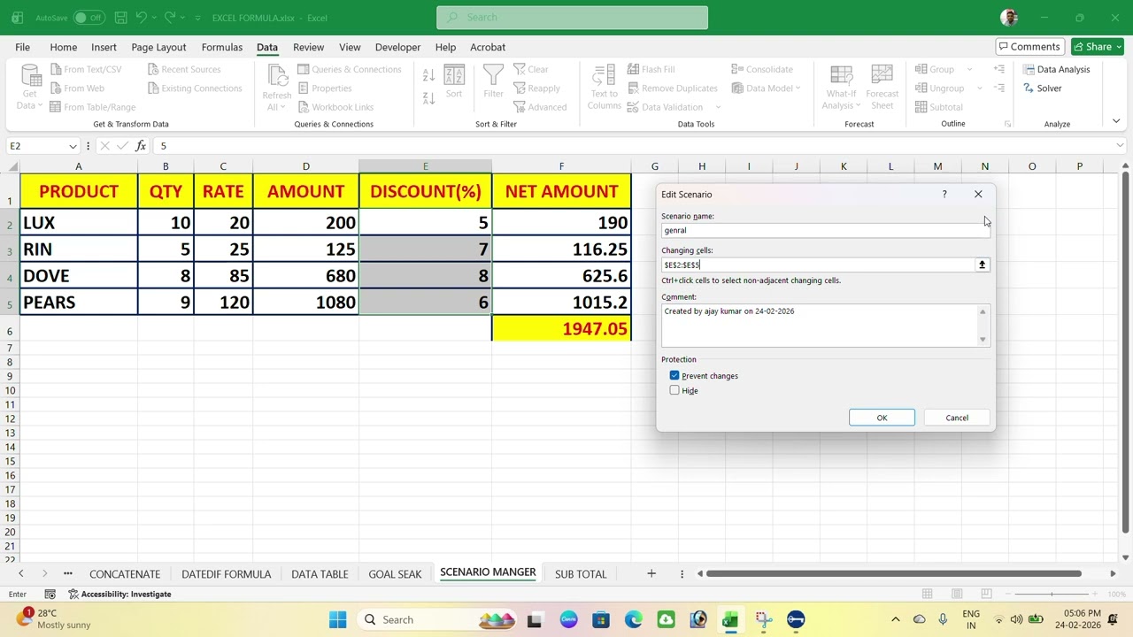 scnerio manager option in excel Data Tab