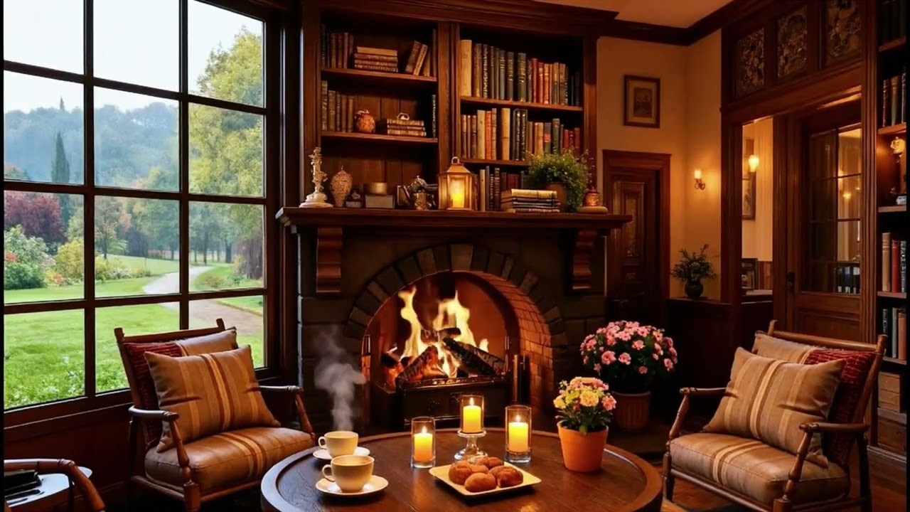 Rainy Spring Coffee Shop Jazz ☕ Smooth Piano jazz Fireplace Sound for Study & Deep Focus