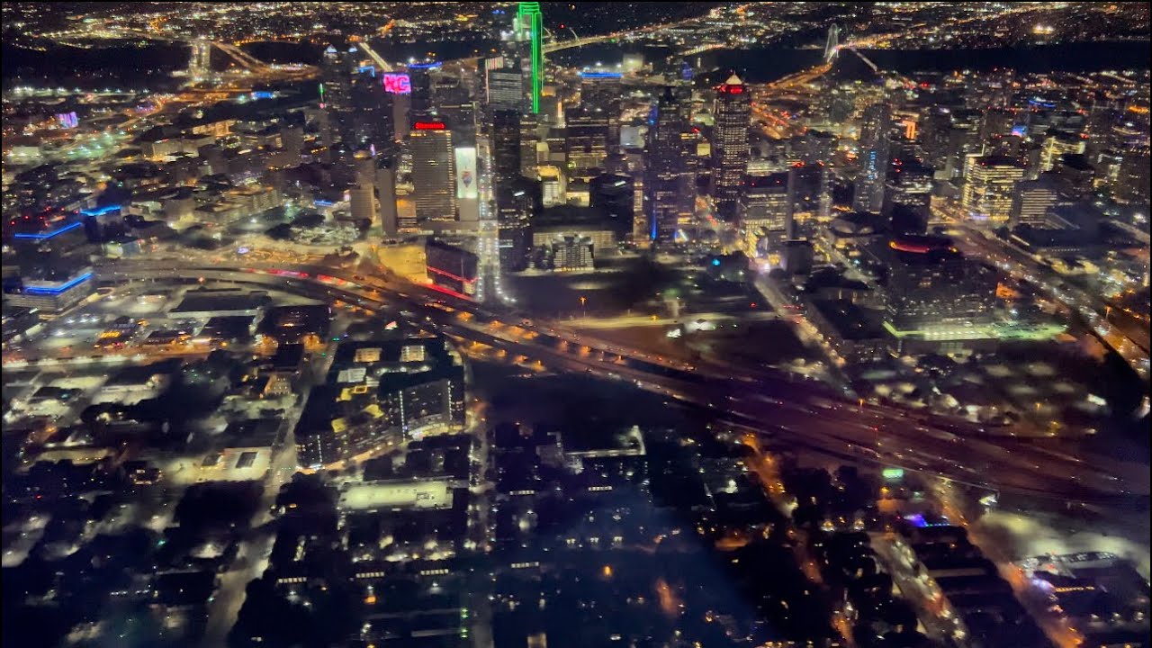 Amazing Dallas, TX night landing (north DFW and downtown closeup)