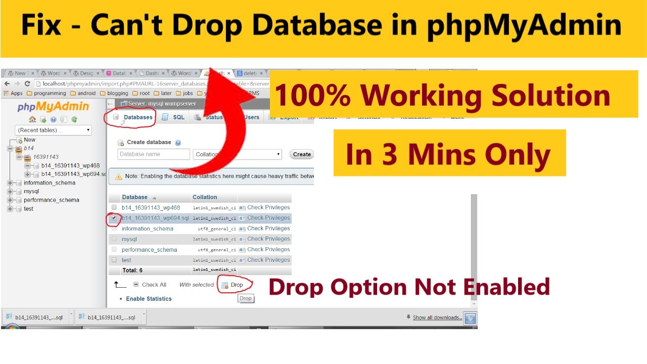 Как включить опцию удаления/удаления базы данных в XAMPP phpMyAdmin