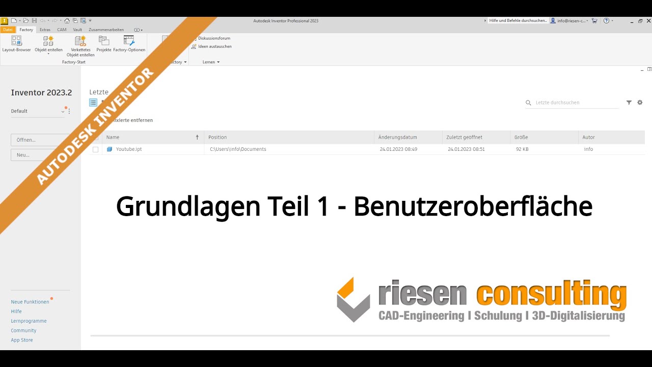 Autodesk Inventor 2023 - Grundlagen Teil 1/6 Benutzeroberfläche Deutsch Schulung Tutorial