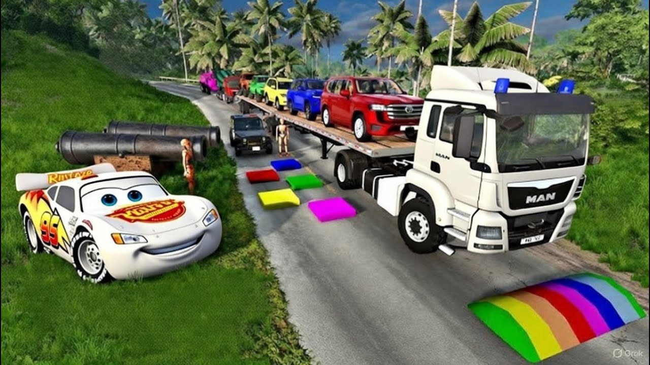 TRANSPORTING PIXAR CARS & FRUITS WITH COLORED & JOHN DEERE vs CLAAS vs TRACTORS - BeamNG.drive