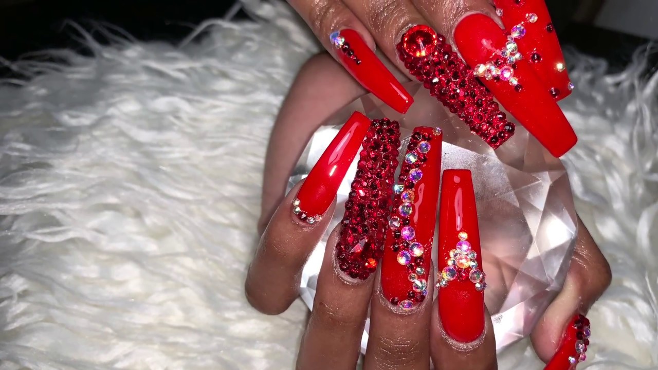 Acrylic Nails Tutorial | Red Bling Nails | Long Acrylic Nails
