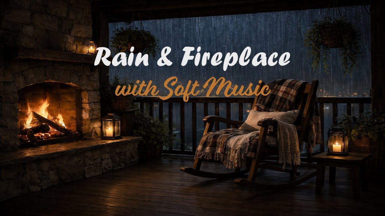 Gentle Rain & Fireplace with Soft Music – Cozy Porch Night Ambience for Deep Sleep & Relaxation