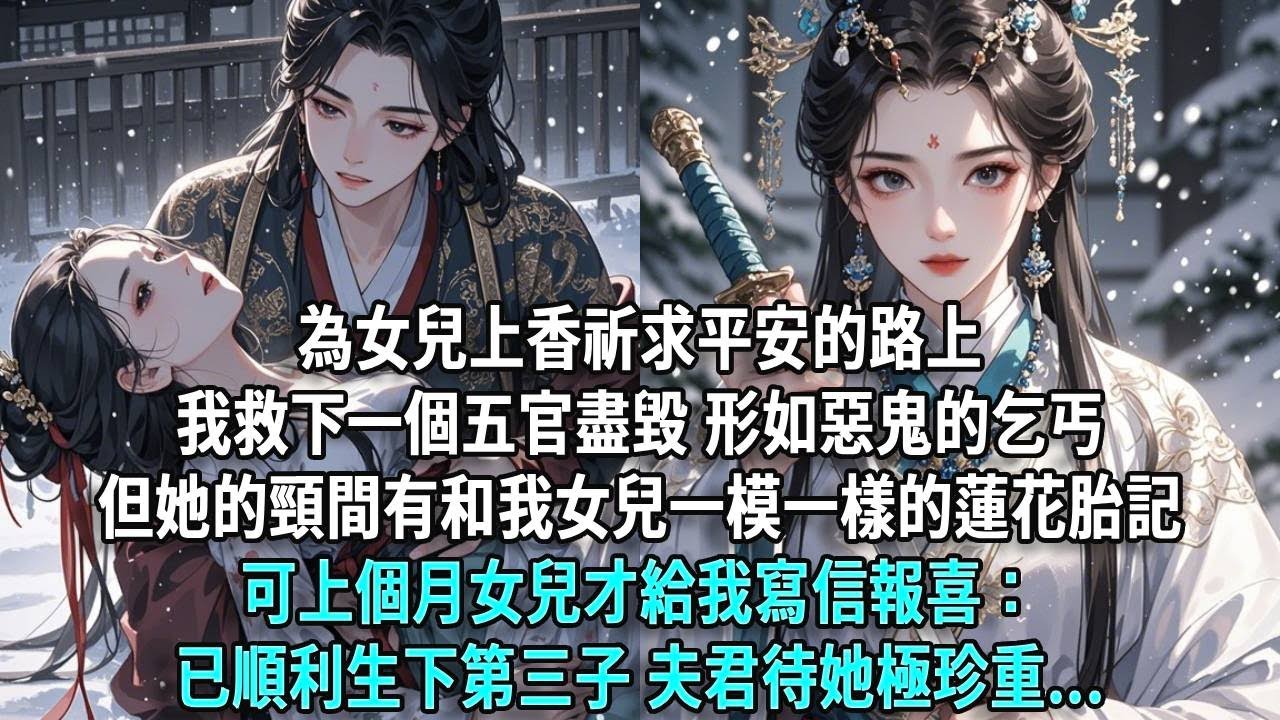 為女兒上香祈求平安的路上，我救下一個五官盡毀，形如惡鬼的乞丐，但她的頸間有和我女兒一模一樣的蓮花胎記；可上個月女兒才給我寫信報喜：已順利生下第三子，夫君待她極珍重...