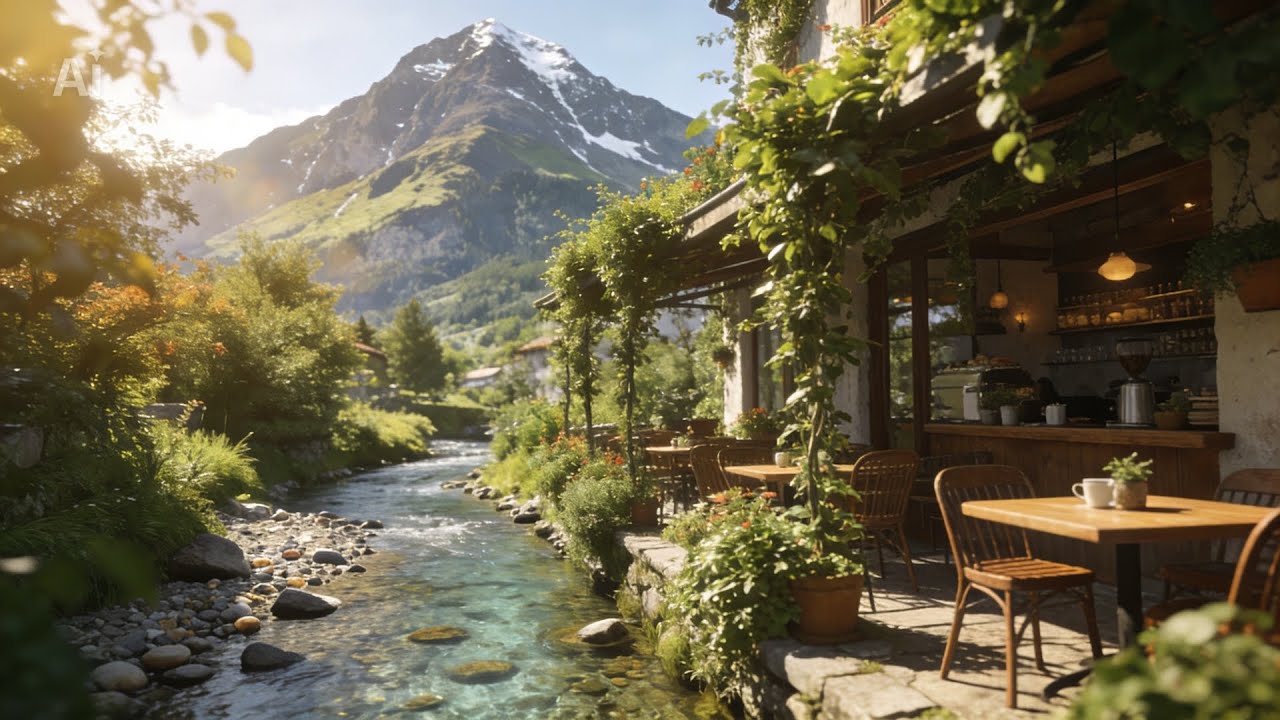 Cozy Cafe by a Flowing Stream 🏞️ 6 Hour Ambient Sounds for Focus, Study, and Relaxatiom