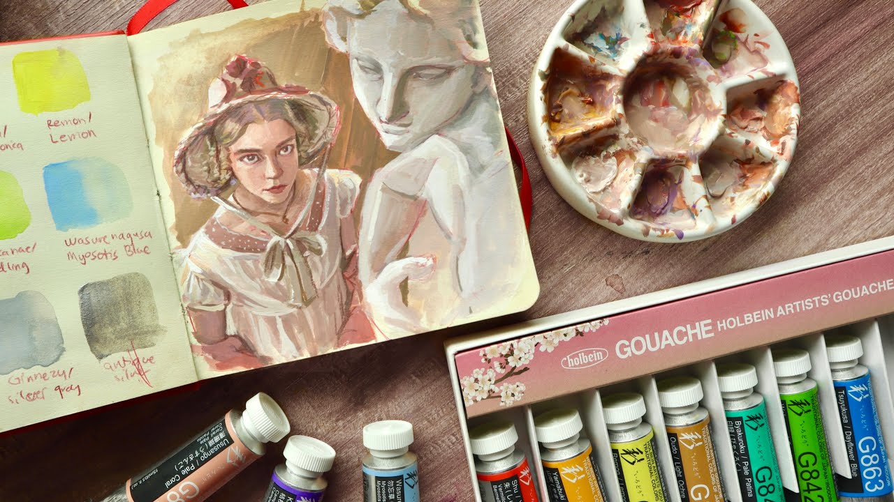 Holbein Spring Irodori gouache set + smol Emma painting