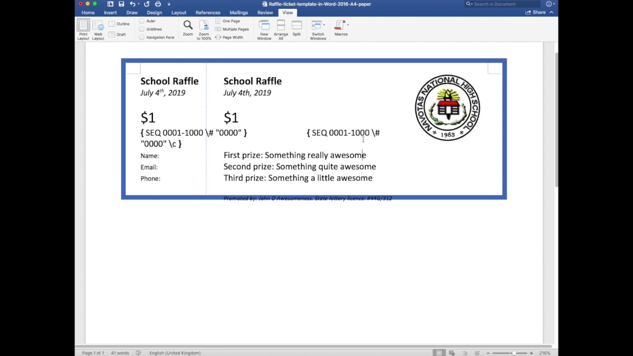 Create Numbered Raffle Tickets in Word using the SEQ function doesn't need Excel