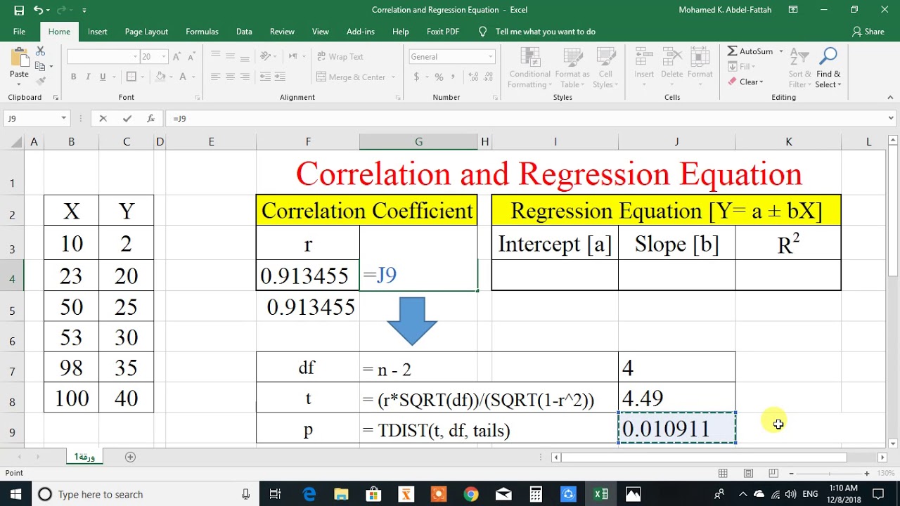 الارتباط correlation ومعادلة خط الانحدار regression equation باستخدام ميكروسوفت اكسل Microsoft Excel