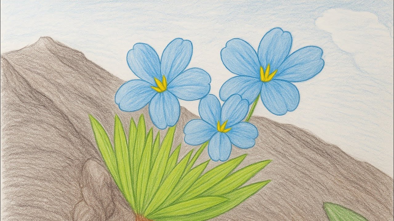 Blue Mountain Flowers Drawing | Color Pencil Sketch