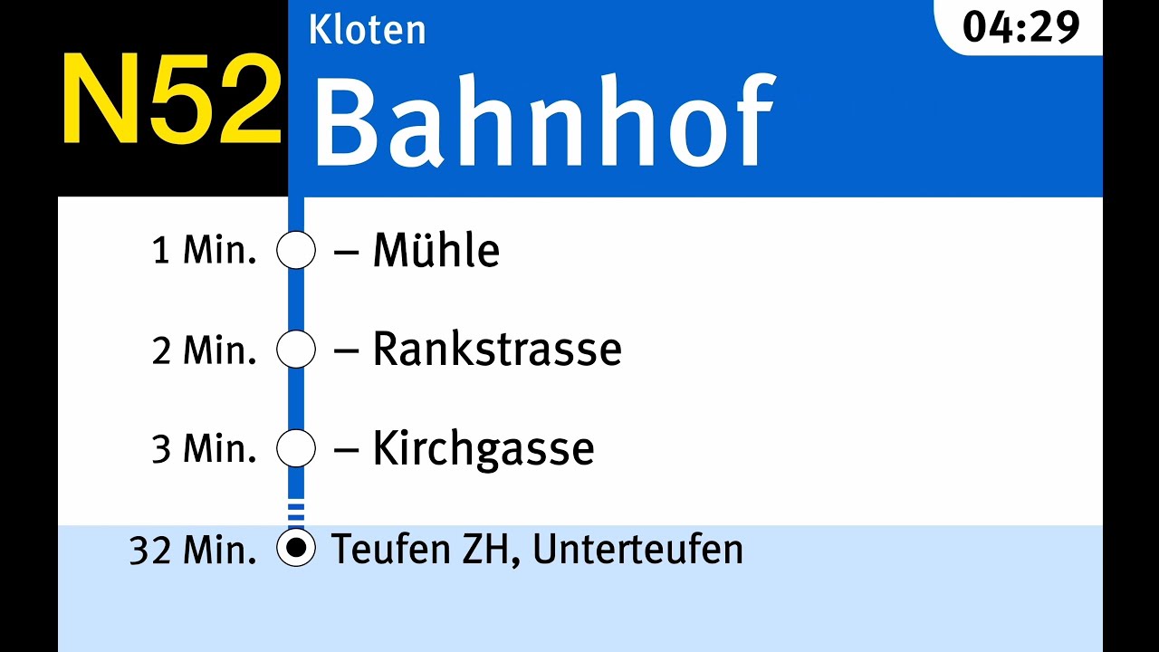 PostAuto/ZVV Ansagen, Nachtbus N52 (Kloten, Bhf. - Teufen ZH, Unterteufen)