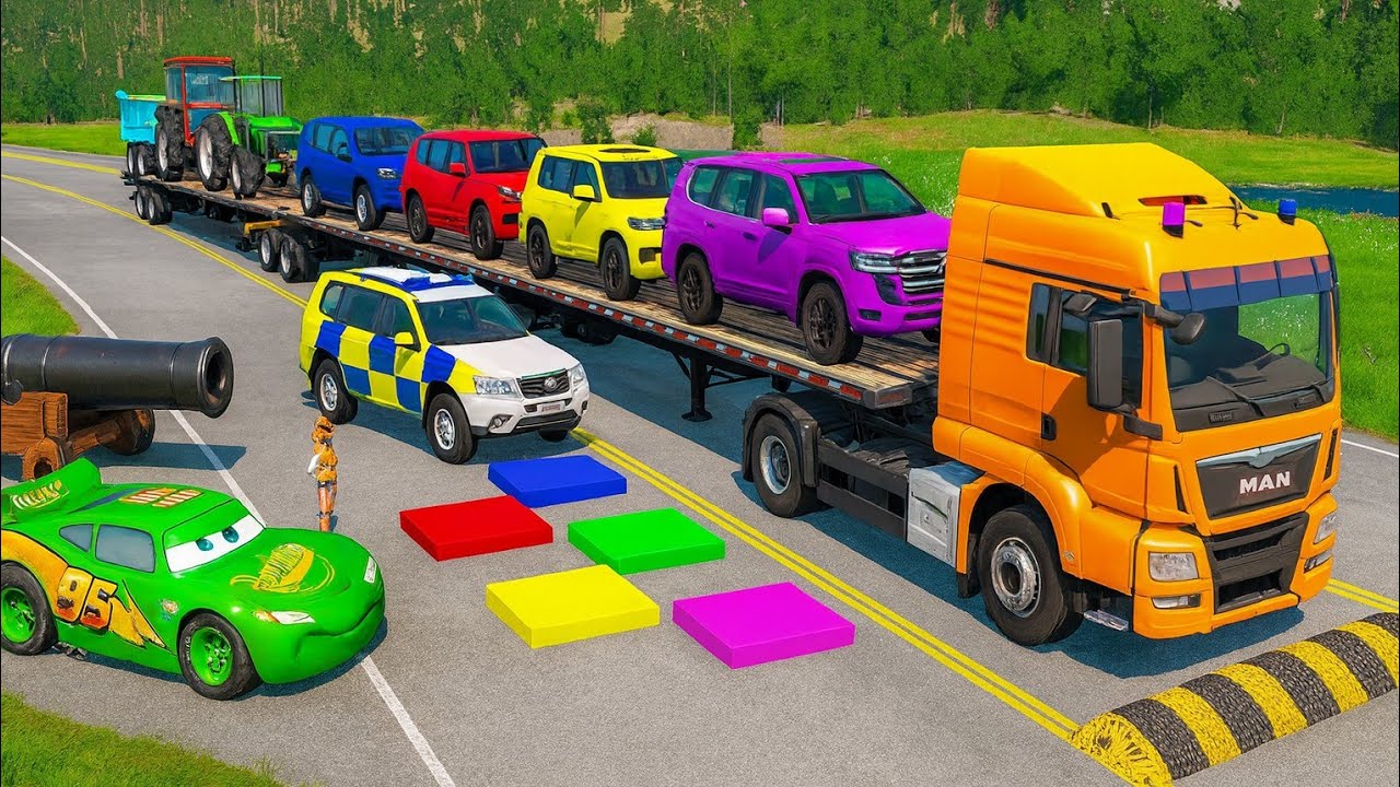 Double Flatbed Truck  / Transportation with Truck / MCQUEEN vs 7Car #28 / BeamNG Gao Drive