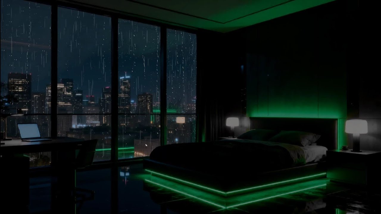 Heavy Rain Sounds in the City 🌧️ Rain on Window Green Room Ambience - Rain Sounds for Sleeping