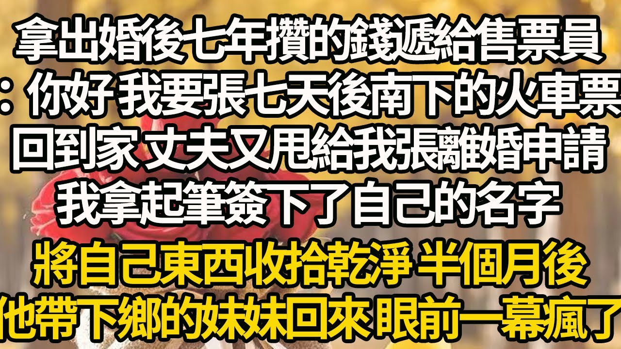 【完結】拿出婚後七年攢的錢遞給售票員：你好 我要張七天後南下的火車票，回到家 丈夫又甩給我張離婚申請，我拿起筆簽下了自己的名字，將自己東西收拾乾淨 半個月後，他帶下鄉的妹妹回來 眼前一幕瘋了