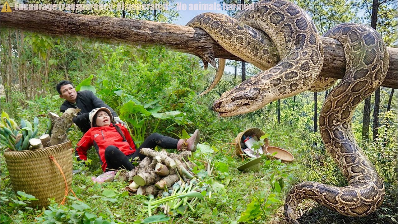 72 Hours Harvesting Wild Taro Roots for Market — Giant Python Lurks and Ambushes a Girl 😱