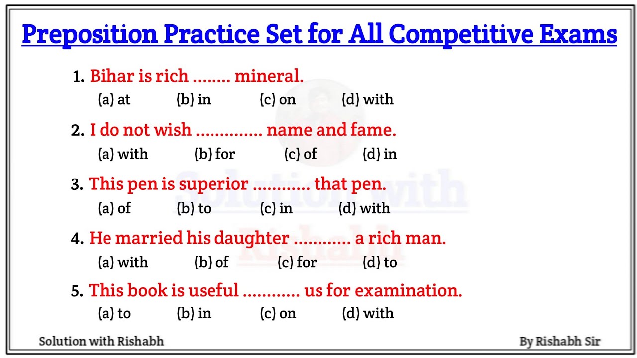 Preposition objective questions Practice set | Preposition exercise in English grammar | Preposition