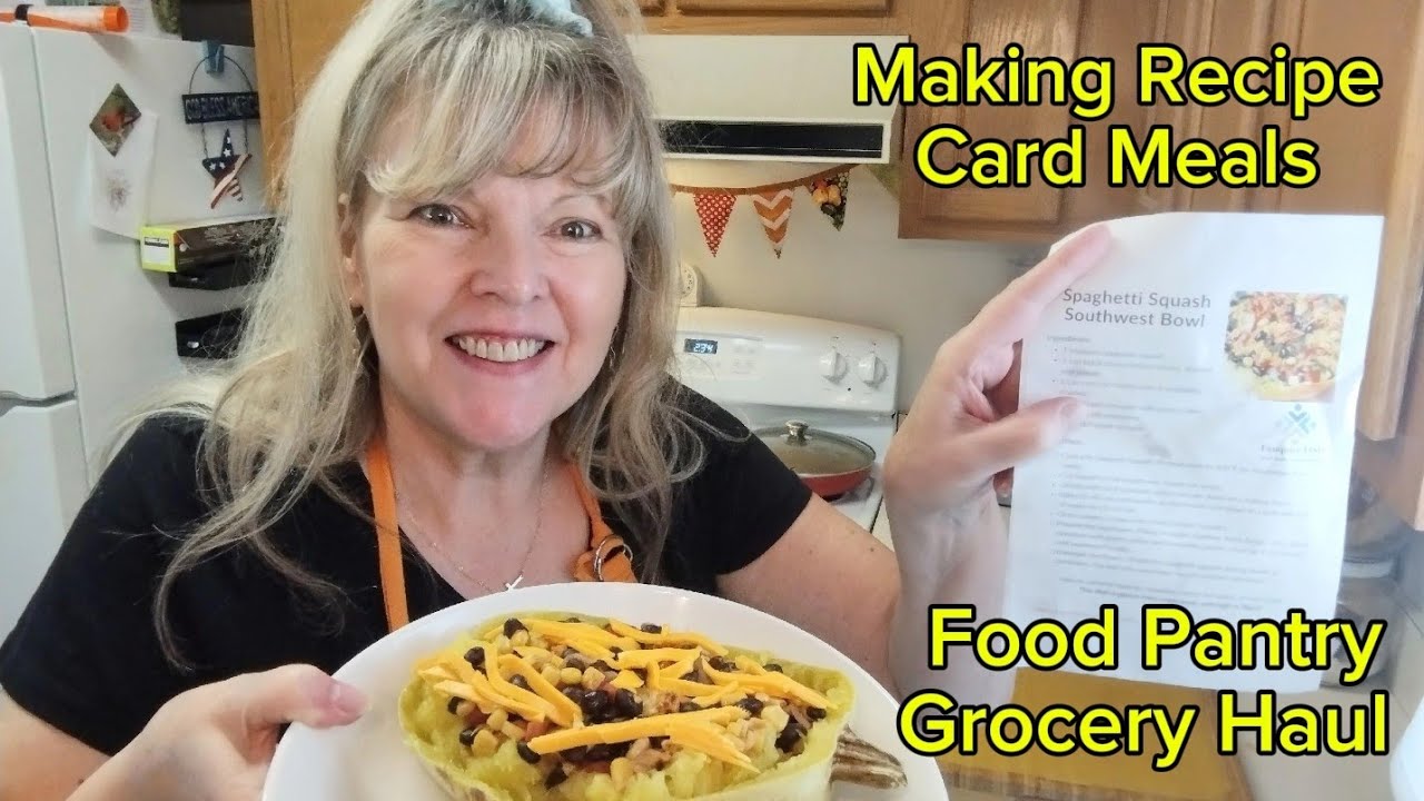 Grocery haul food bank pantry meals social security living senior budget making recipe card meal 