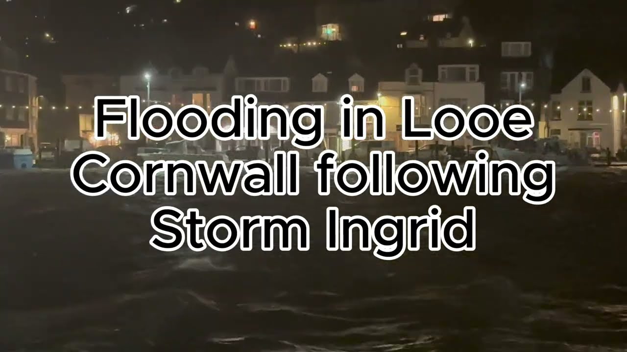 Flooding at Looe Cornwall Storm Ingrid at night high tide