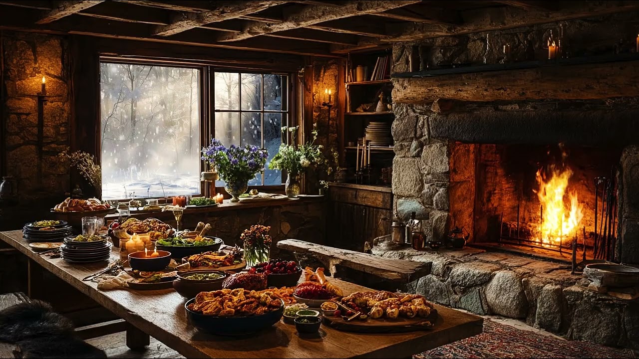Winter Kitchen ❄️ Crackling Fireplace & Soft ASMR Ambience for Calm & Sleep