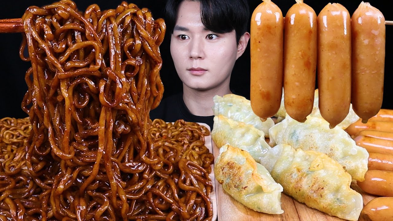 짜파게티 만두 소세지 먹방ASMR MUKBANG  BLACK BEAN NOODLES & SAUSAGE & DUMPLING チャジャンラーメン ソーセージ 餃子 eating sounds