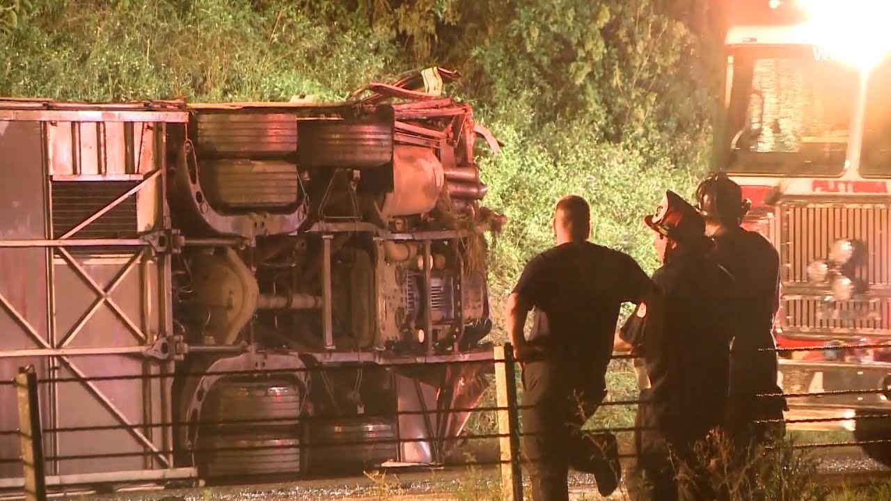 Deadly crash scene: Charter bus flips over on I-81 in Dauphin County, Pa.