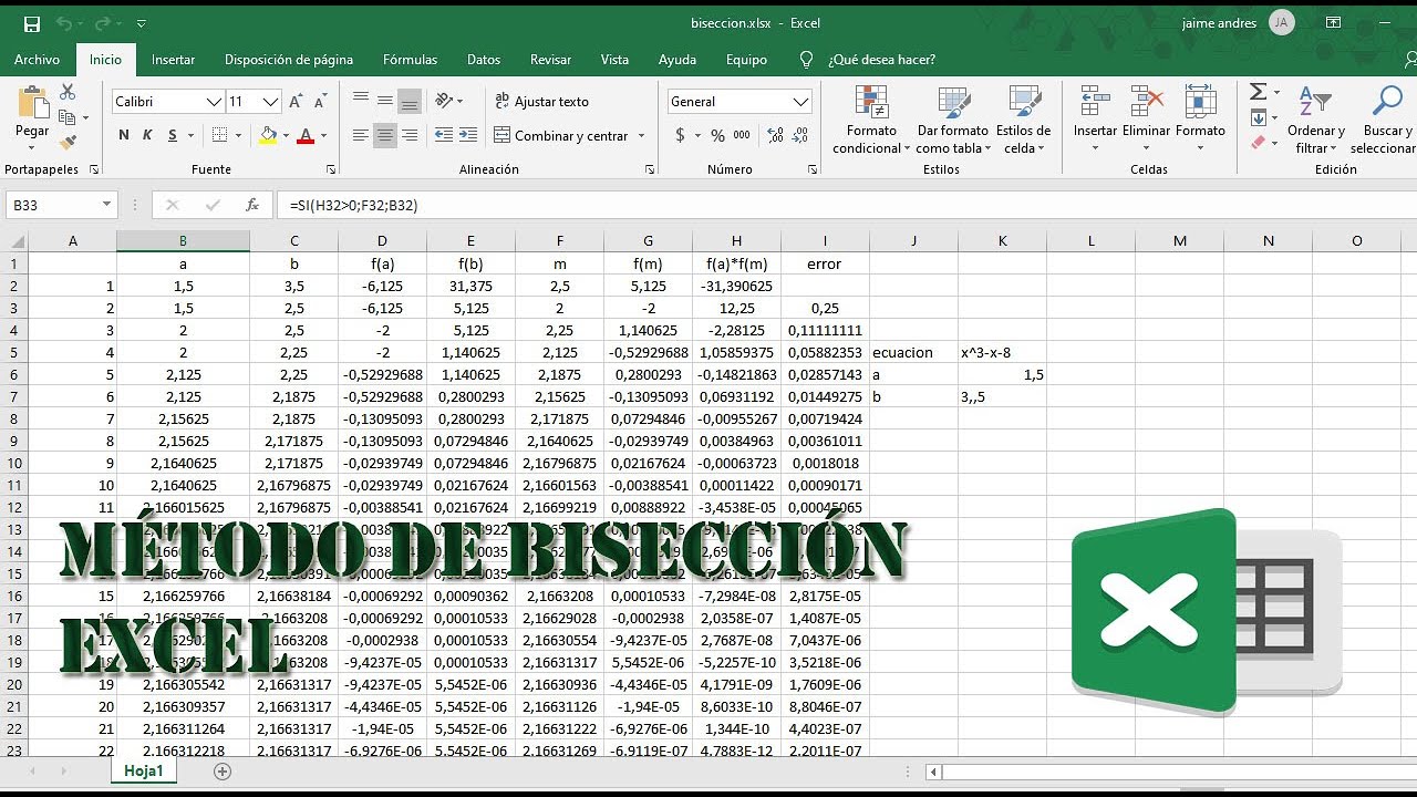 Métodos Numéricos - Bisección - Excel