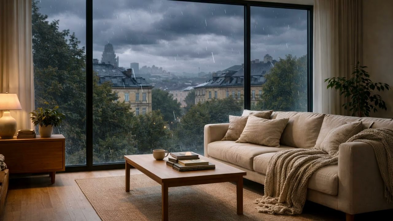 4K Cozy Living Room Rain Ambience 🌧️ | 3 Hours of calming Rain Sounds for Sleep, Study & Reading