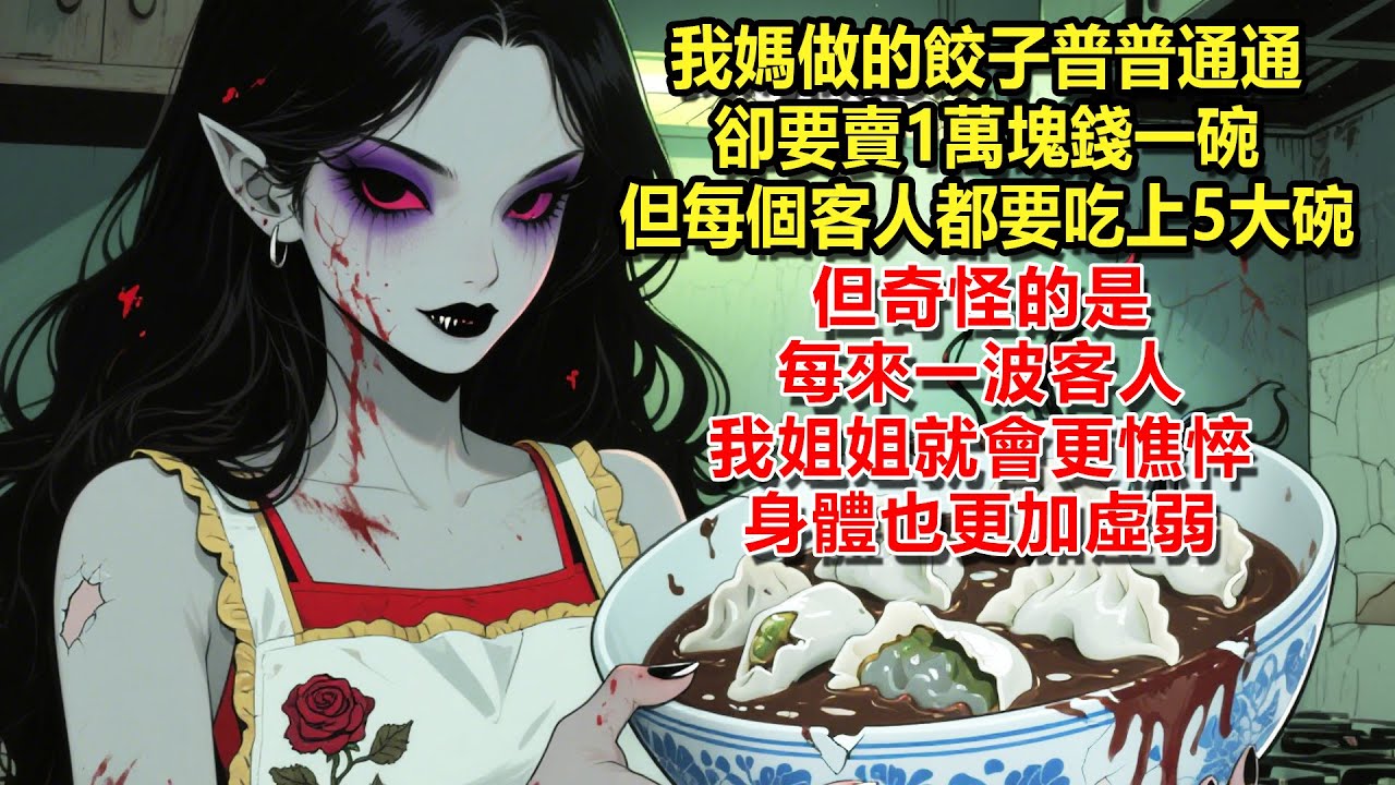 我媽做的餃子普普通通，卻要賣1萬塊錢一碗，但每個客人來了都要吃上5大碗，但奇怪的是，每來一波客人，我姐姐的面色就會憔悴幾分，身體也更加虛弱