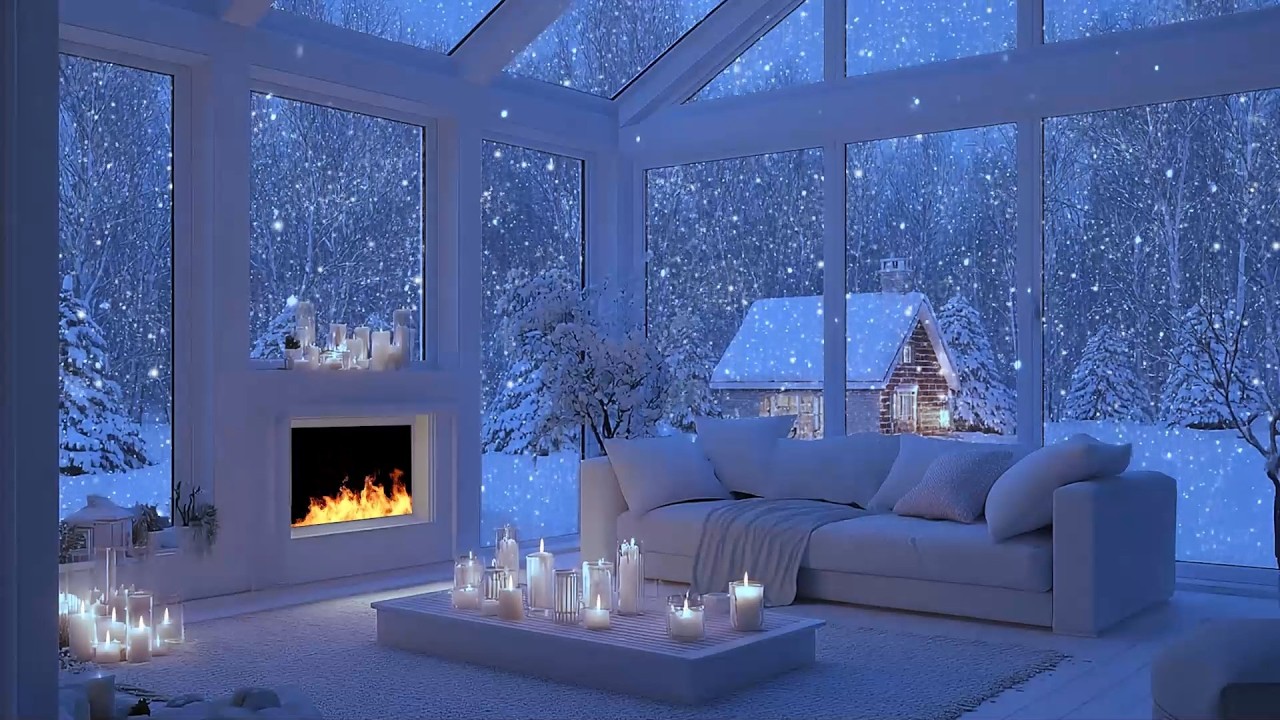 Winter Night in White Room Lounge  | Fireplace, Snow & Gentle Piano for Sleep