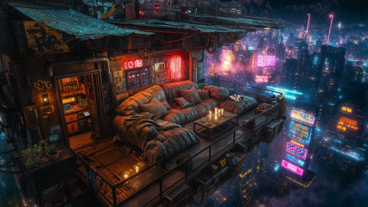 🎵 High-Rise Refuge above the Enchanted Cyberpunk City: Snow and Ambient Music | 4K | 10 hours