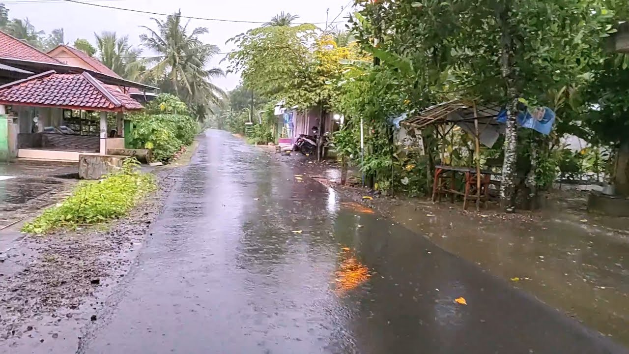 Stormy Night Walk Through Quiet Village with Heavy Rain Strong Wind and Thunder Sounds ASMR 4K Vide