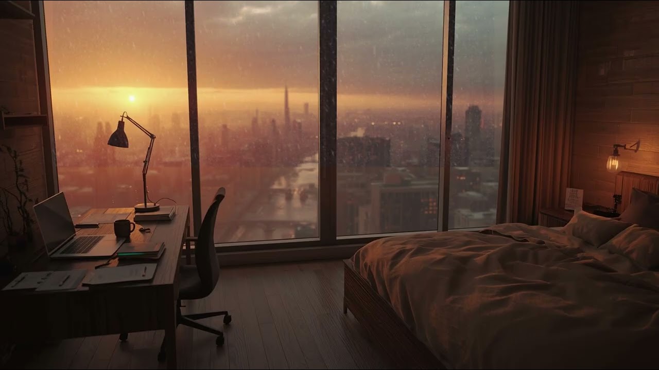 Working from a Loft on a Rainy Day – Rainy City Ambience for Study, Reading & Focus