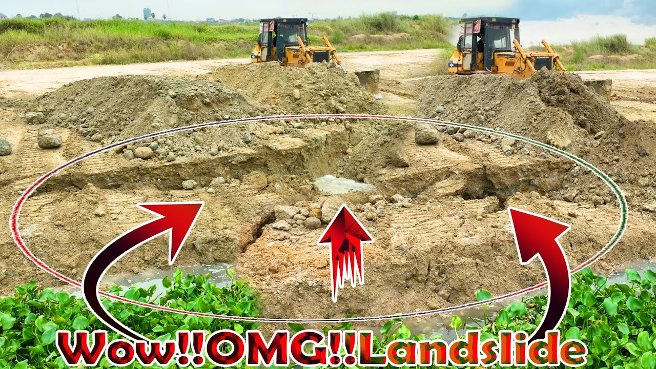 OMG!!!Great Action!! Land Sinking Repairing By Many Dump Trucks And An Old Komatsu Bulldozer