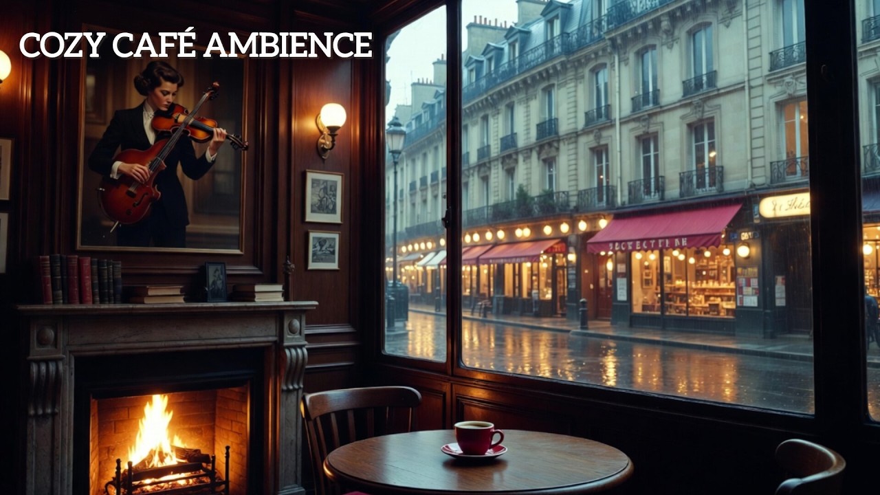 Cozy Café Ambience ☕ Rainy Paris Night | Warm Jazz & Fireplace Sounds