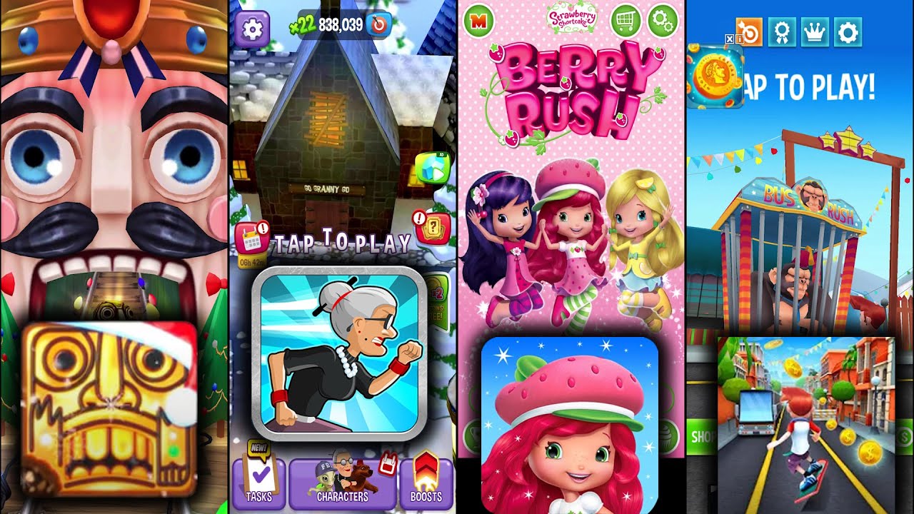 Temple Run 2 Winter Toyland Vs Angry Gran Run Vs berry rush Vs Bus Rush - Endless Run Game play